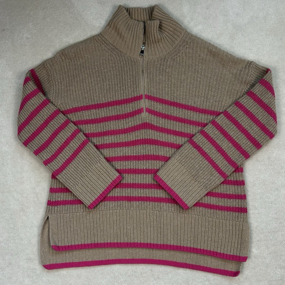 Barbour Jemima Knit Sweater Womens 4 Camel Pink Stripe Half Zip Cotton Wool
